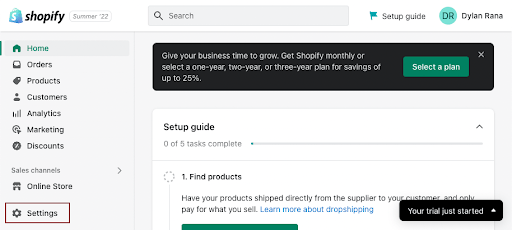 Shopify admin interface setup guide