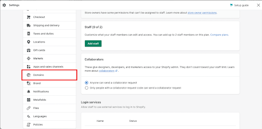 Shopify admin sidebar displaying custom domain highlighted