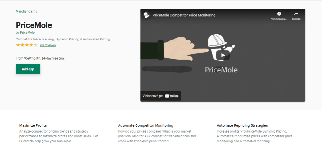 PriceMole app for competitor price inventory tracking