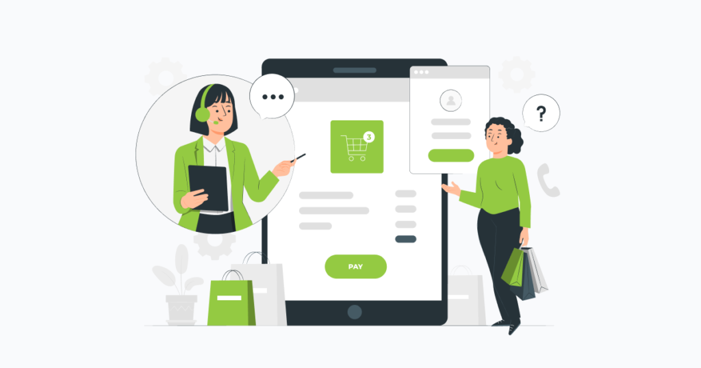 customer acquisition cost illustration showing a customer support agent on one side of a store and a customer on the other side