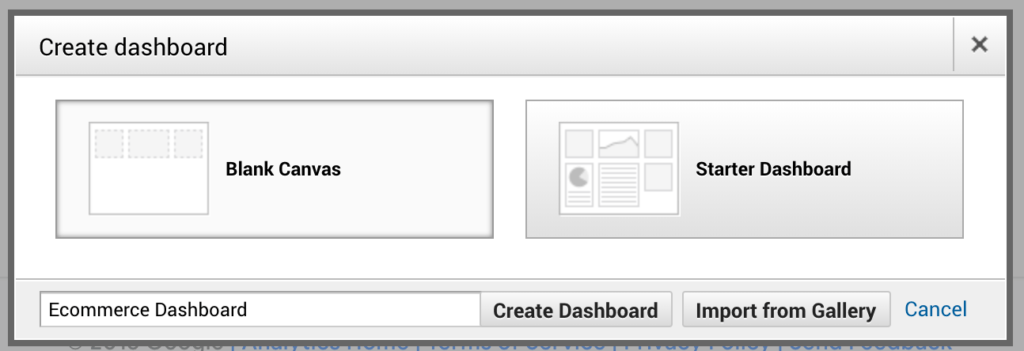 eCommerce blank or starter dashboard selection