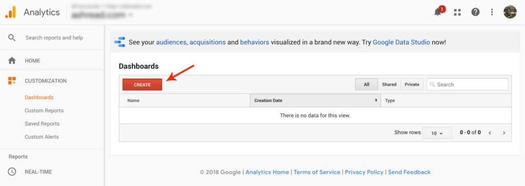 eCommerce dashboard create button