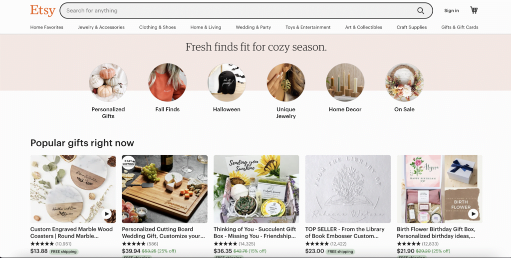 Etsy home page - Shopify vs Etsy