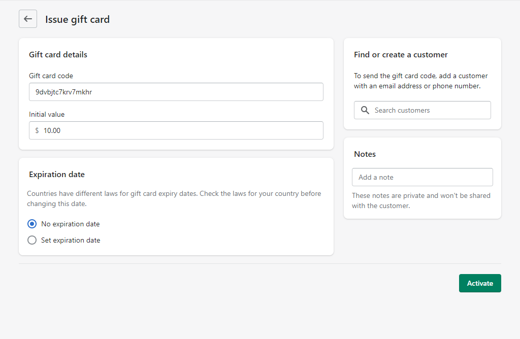 Issuing Gift Card Shopify admin page
