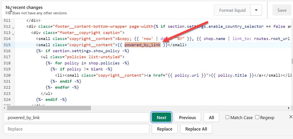 Powered by link in Shopify's code editor