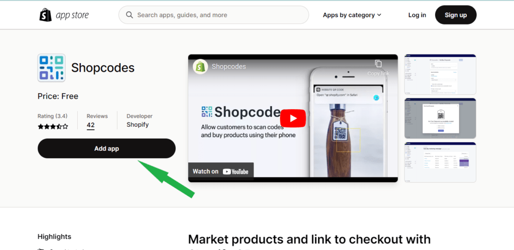 Shopify app Shopcodes appearing in the Shopify app store