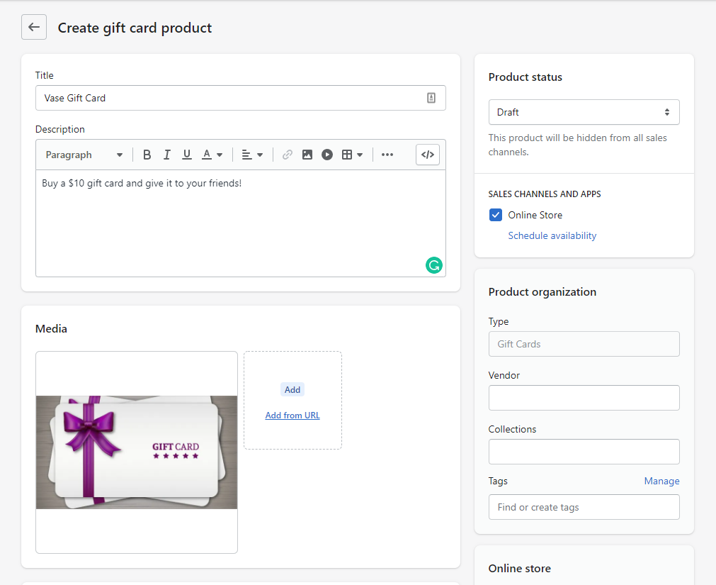 create gift card product screen