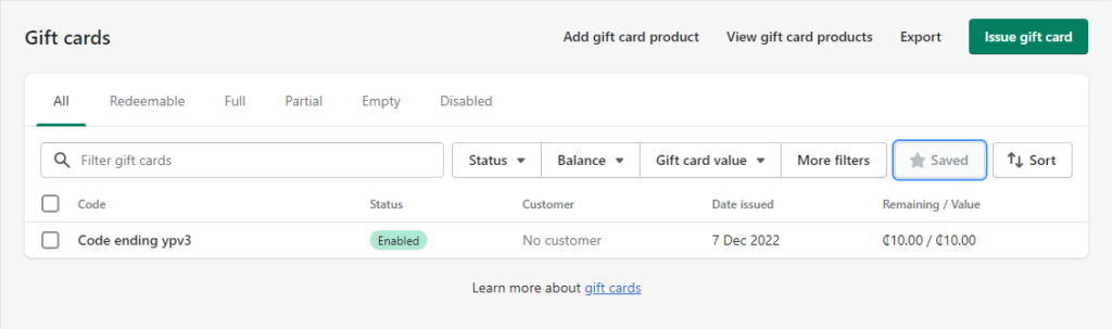 shopify gift card in the gift cards list on the shopify admin
