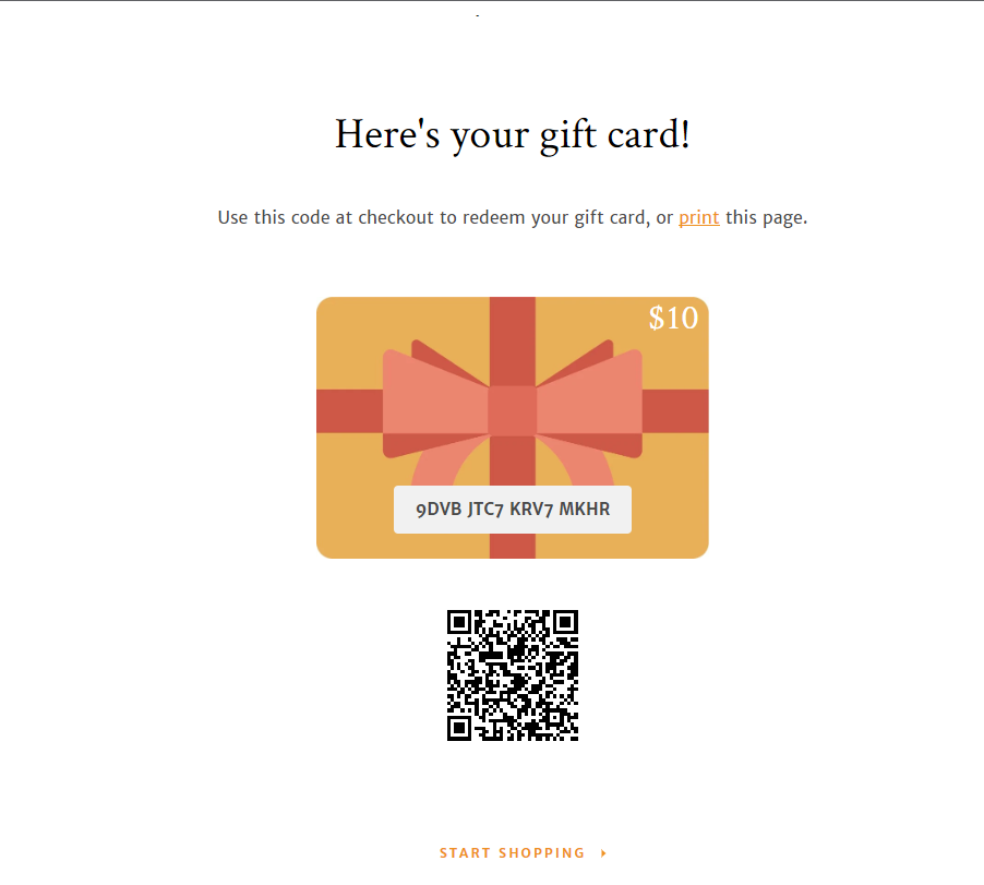 Gift Card Page with QR Code