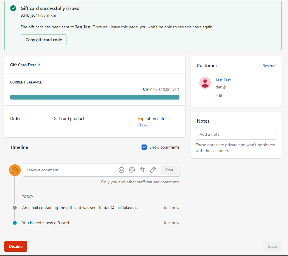 Gift Card Issuance Success Message in the Shopify admin