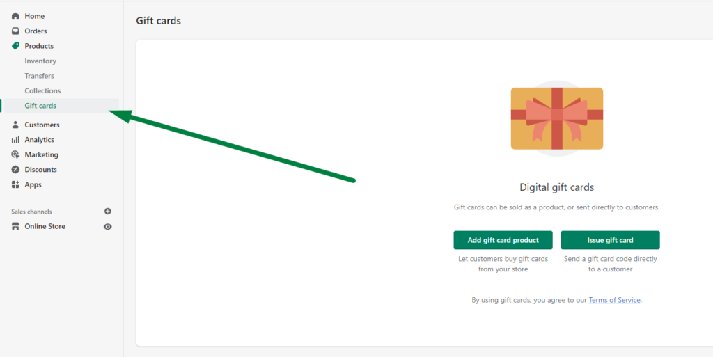 Shopify gift cards dashboard screen