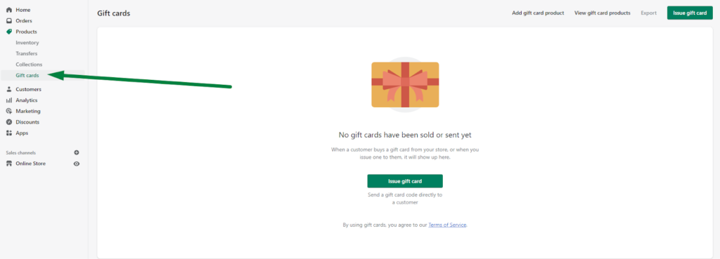 Shopify gift cards page