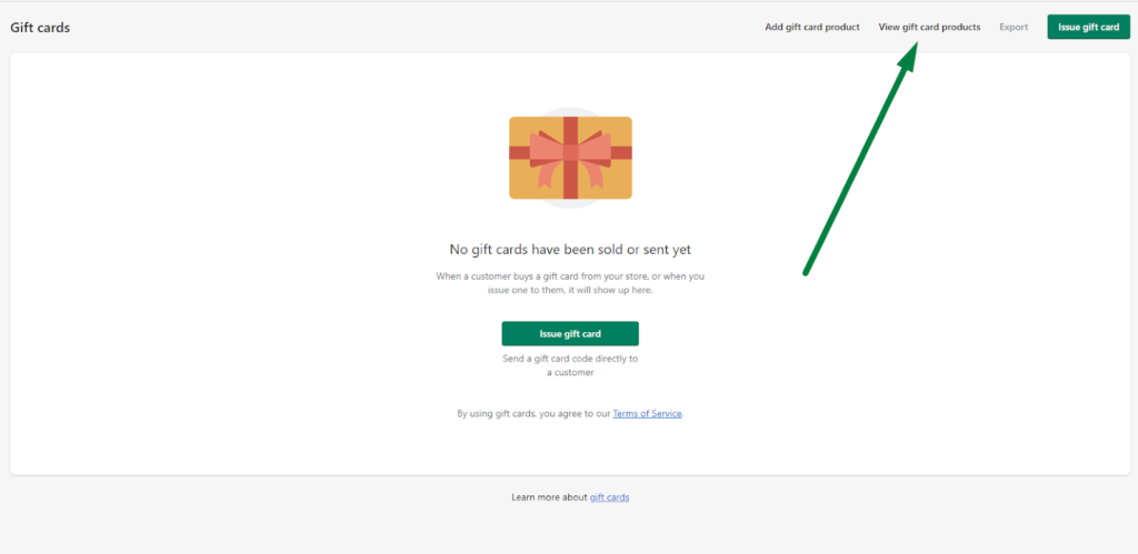 Shopify gift cards view screen page