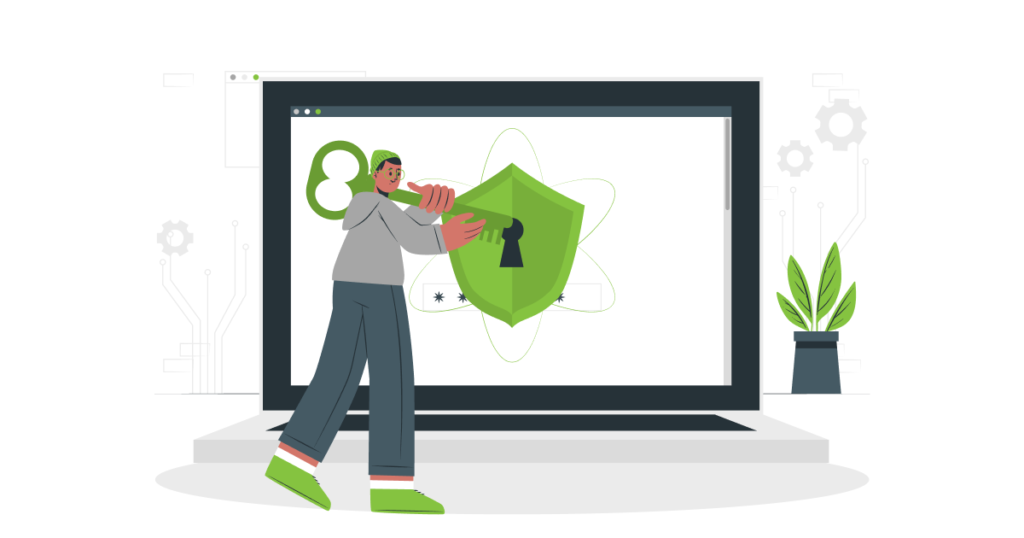 content management system benefits - improved security - illustration of person holding a key with a lock on the screen