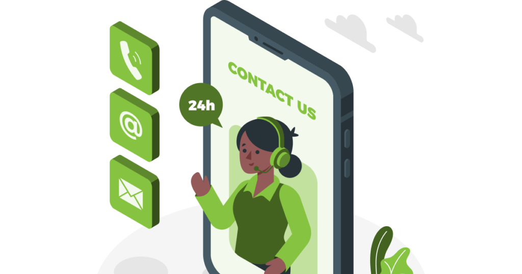 Dive into Local Directories - Illustration that shows a woman inside a phone saying to contact us through phone and email