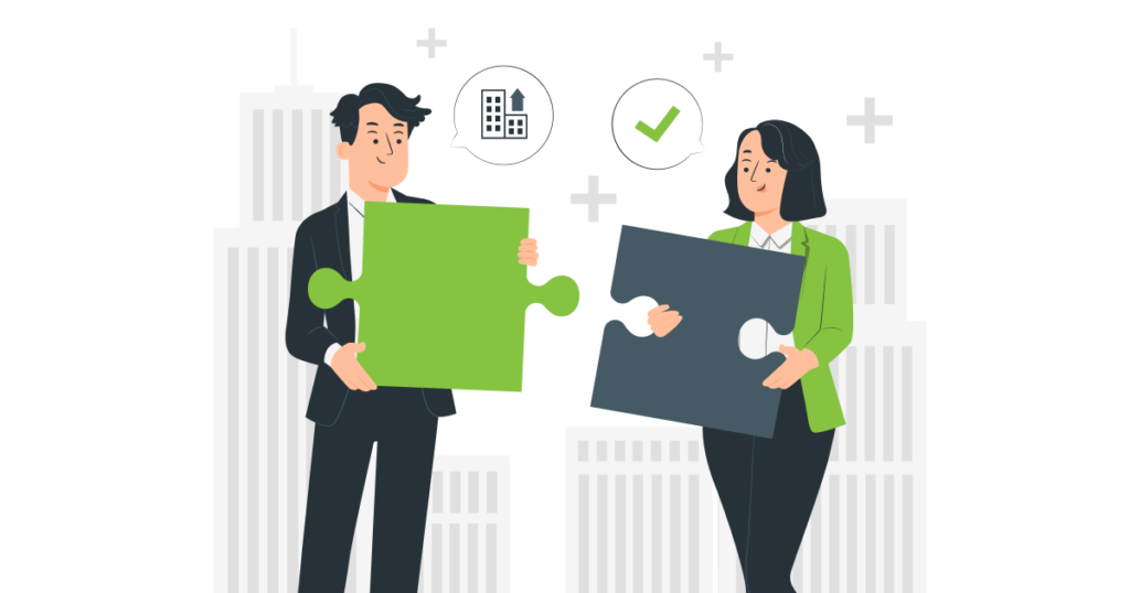 External Link Building - Illustration of two people holding big jigsaw puzzle pieces that fit each other