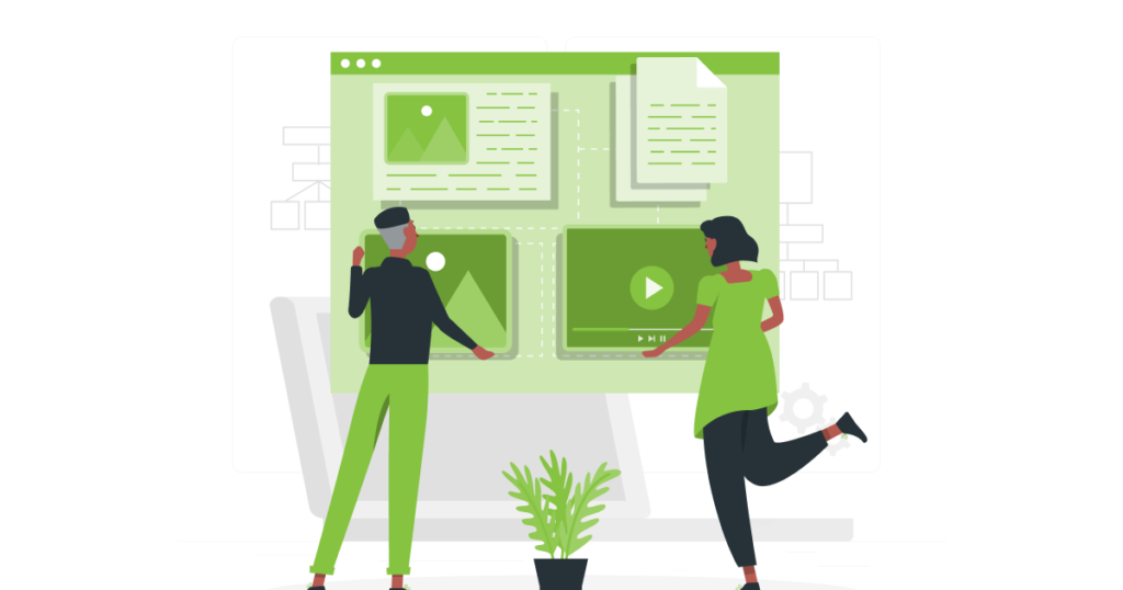Optimizing Content - Illustration that shows two people - one watching a picture and the other a video on a website
