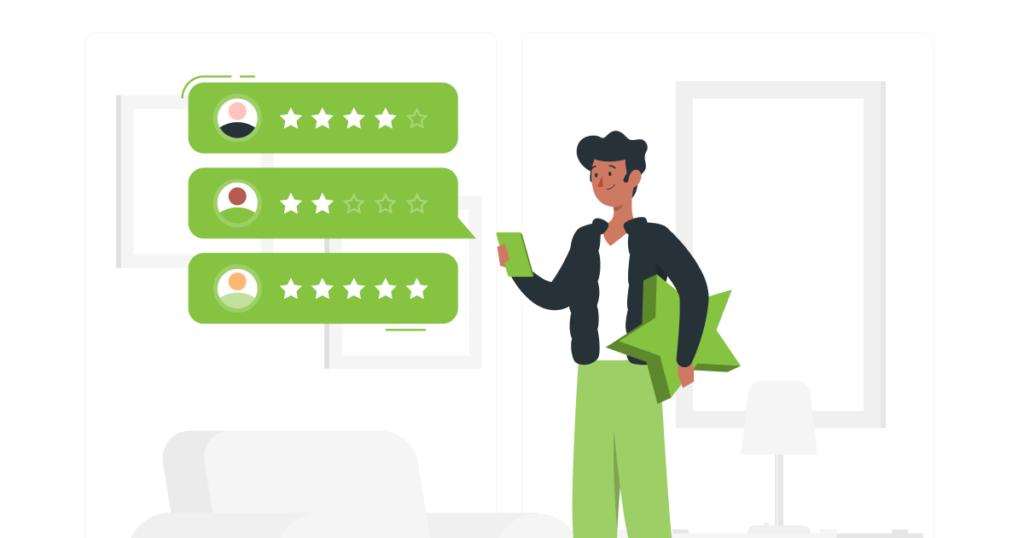 An illustration that shows a person holding a big star and seeing people's ratings on a phone