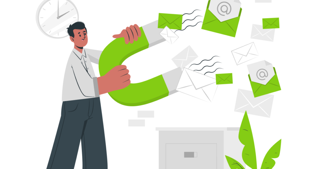 Illustration that shows a person attracting a lot of post cards and emails with a giant magnet 