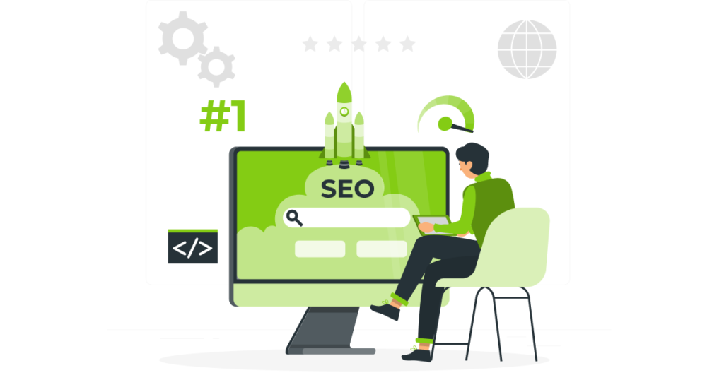 Build local authority: Illustration that shows a man next to a big screen that shows SEO with a search bar