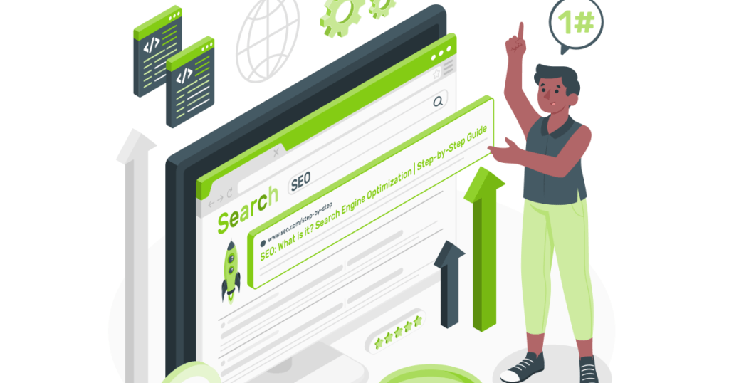 Invest in SEO: A man next to a big computer screen searching for SEO