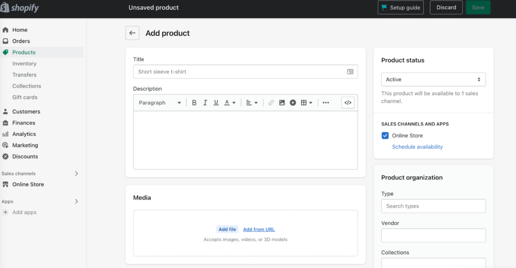 shopify add product screen