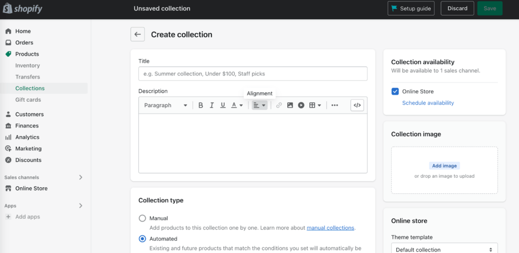 shopify collections details screen