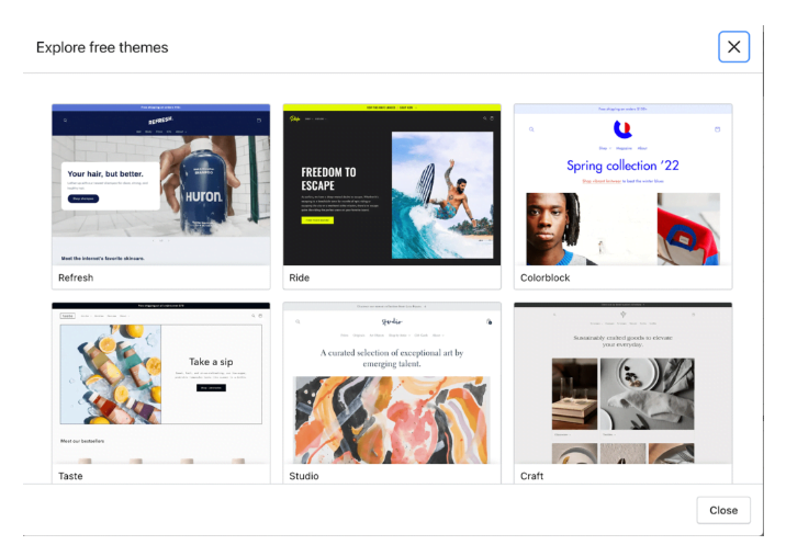 shopify explore free themes screen