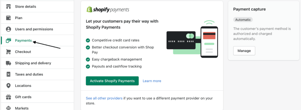 shopify payments screen