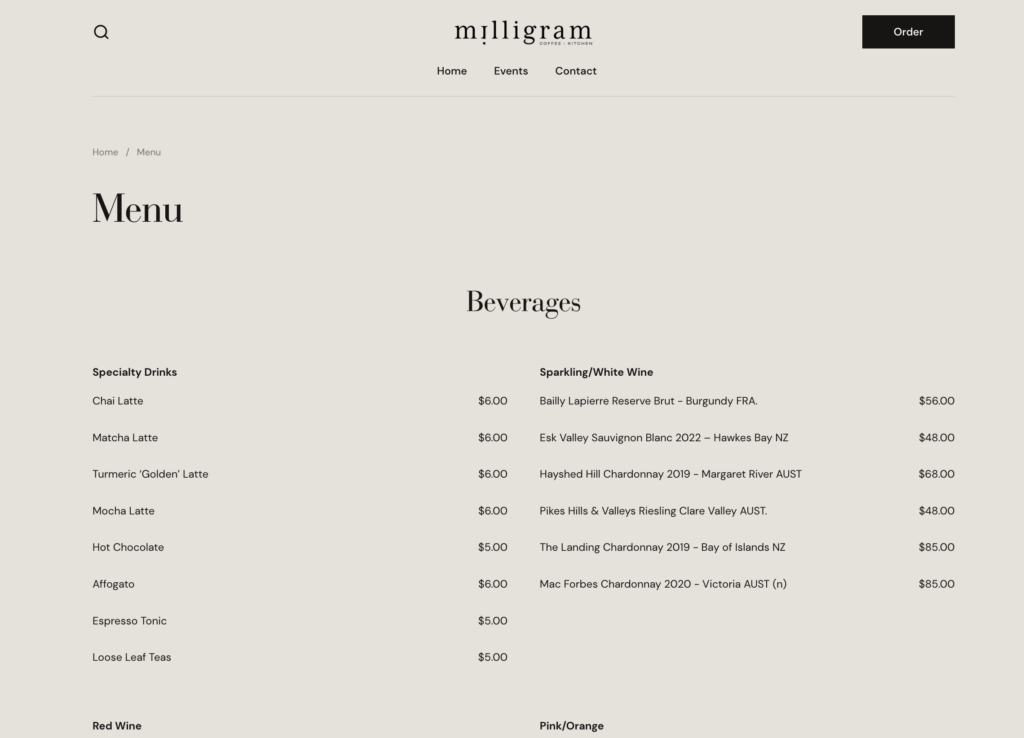 Milligram Coffee and Kitchen website screenshot 2
