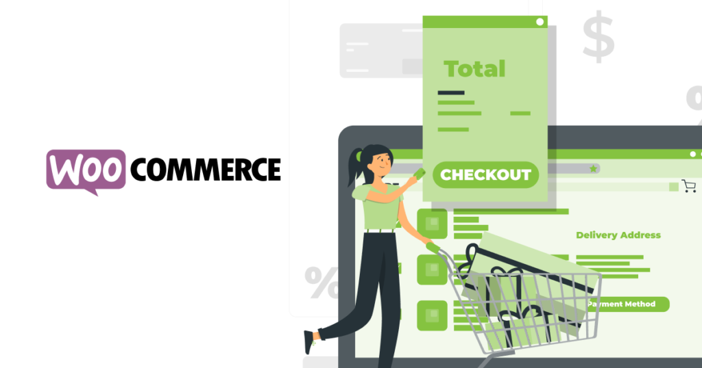 An Illustration showing woocommerce logo and a women shopping 