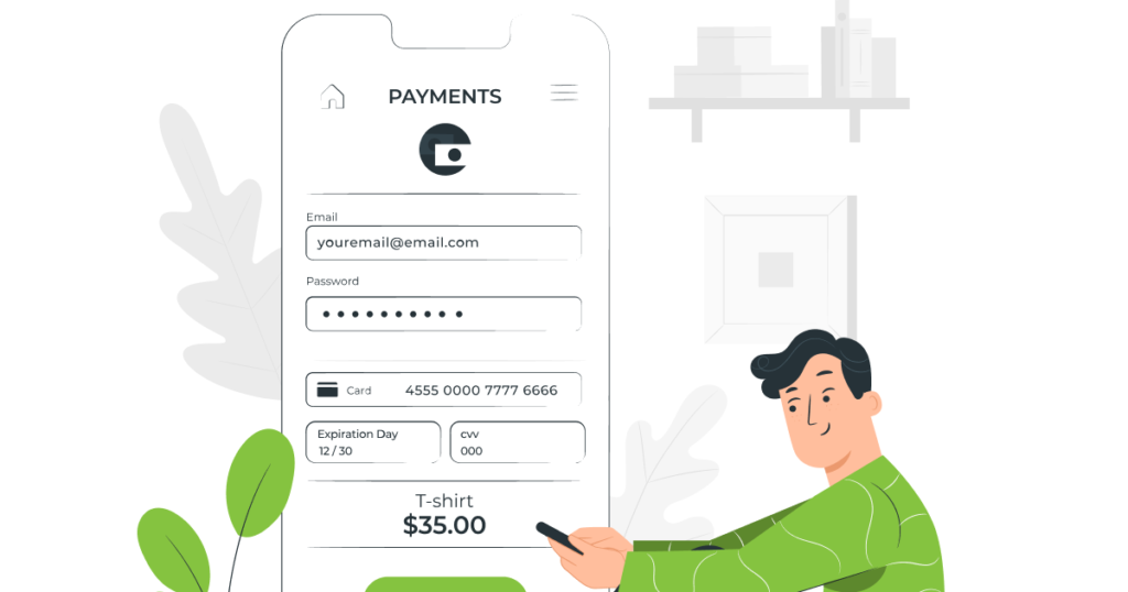 An Illustration showing a person making a payment for a tshirt online