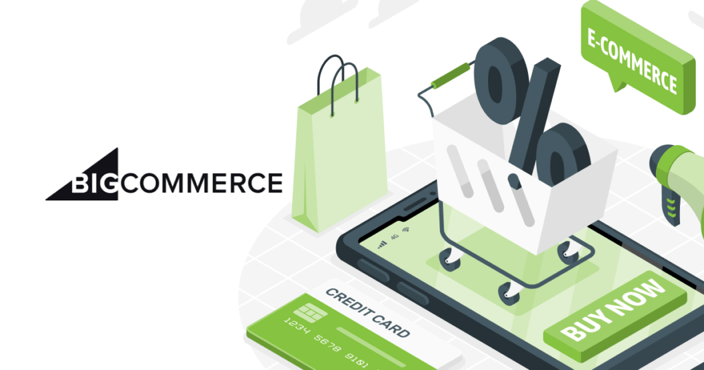 An illustrator showing big commerce title with shopping bad, cart and phone 