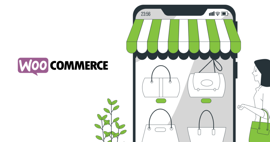 An Illustration showing woocommerce logo and a mobile that look like a store