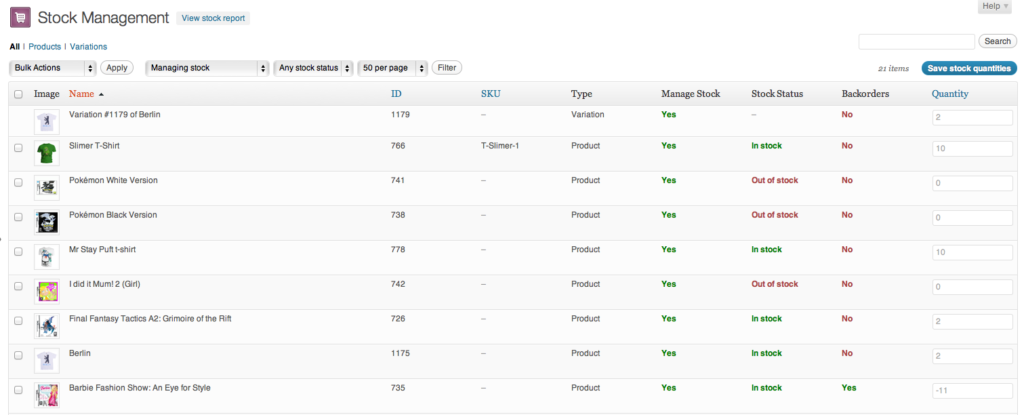 A screenshot of woocommerce stock management