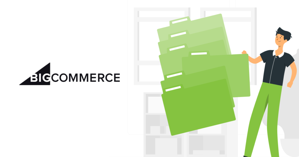 An Illustration showing big commerce logo and a person looking into archives