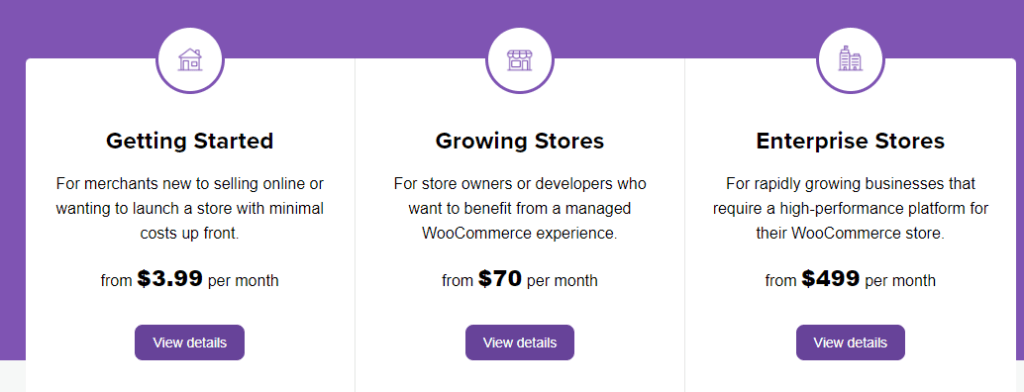 A pricing page for different type of stores for WooCommerce