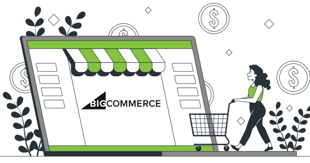 An illustration of a lady walking with a shopping cart, illustrating commerce