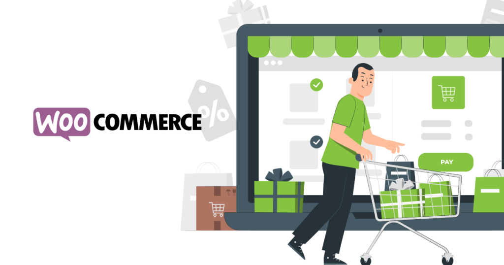 An Illustration showing woocommerce logo and a man shopping 