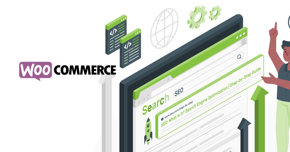 An Illustration showing woocommerce  logo and SEO searched