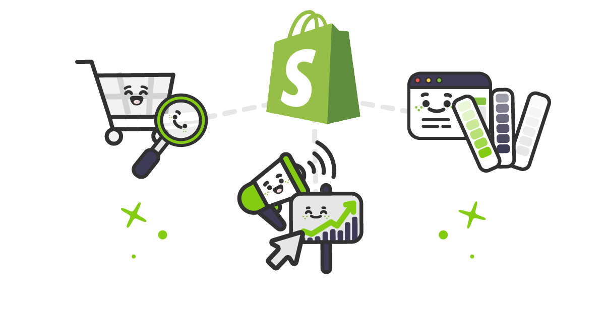 web development icons around a Shopify bag - best Shopify Marketing Agency