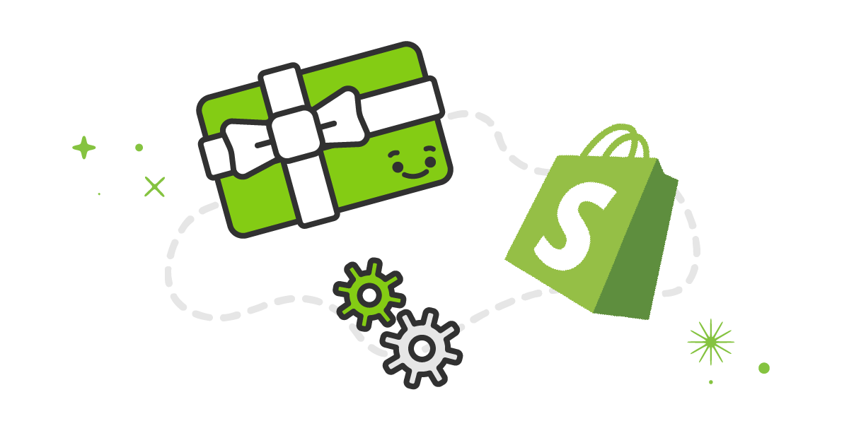 Gift card, shopify bag and cogs illustration