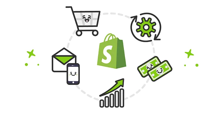 Shopify Automation Tips - Shopify logo with ecommerce icons around it